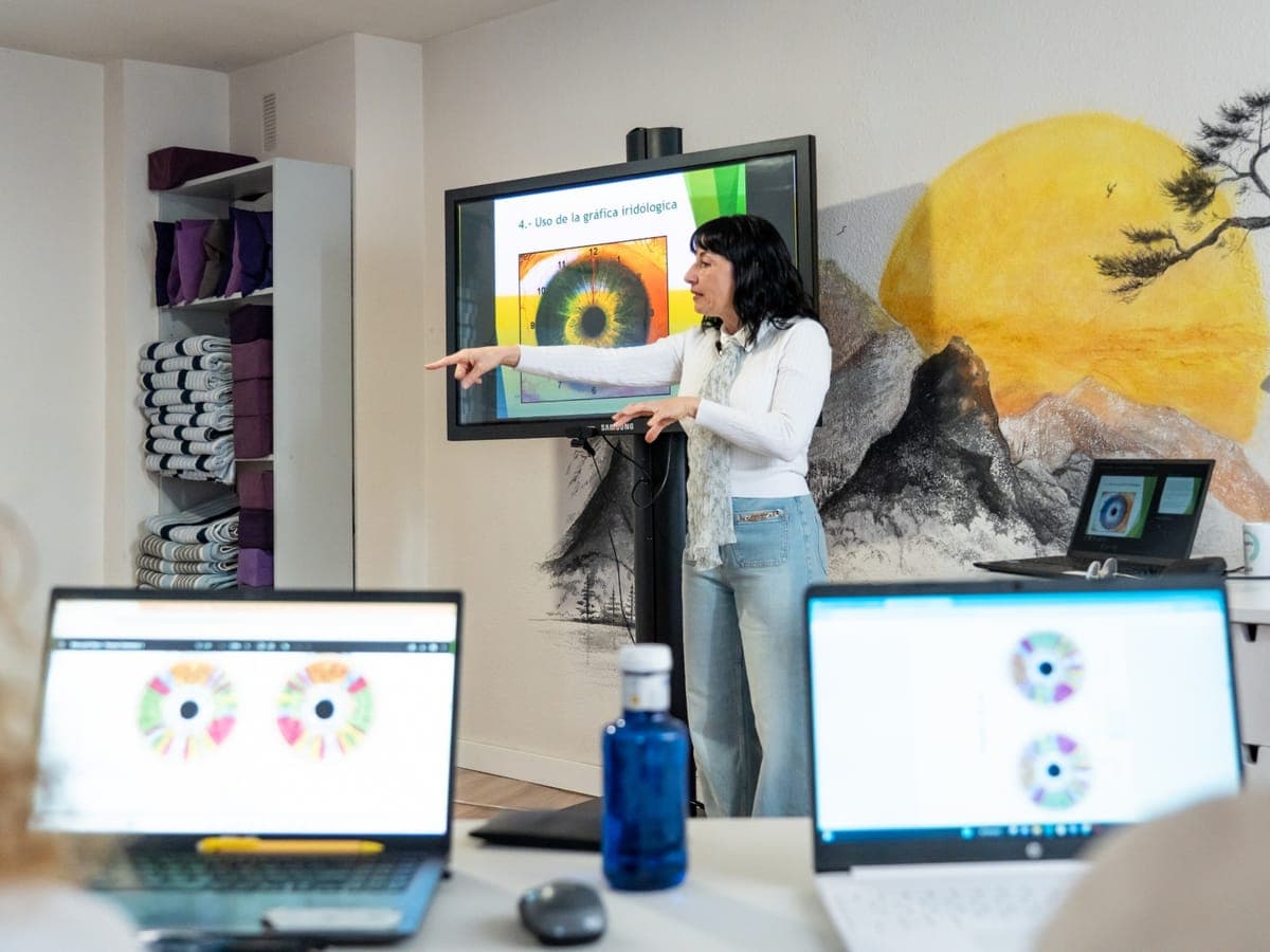 Una clase del curso siguiendo el uso de la gráfica iridológica, con el mapa abierto en cada portátil.